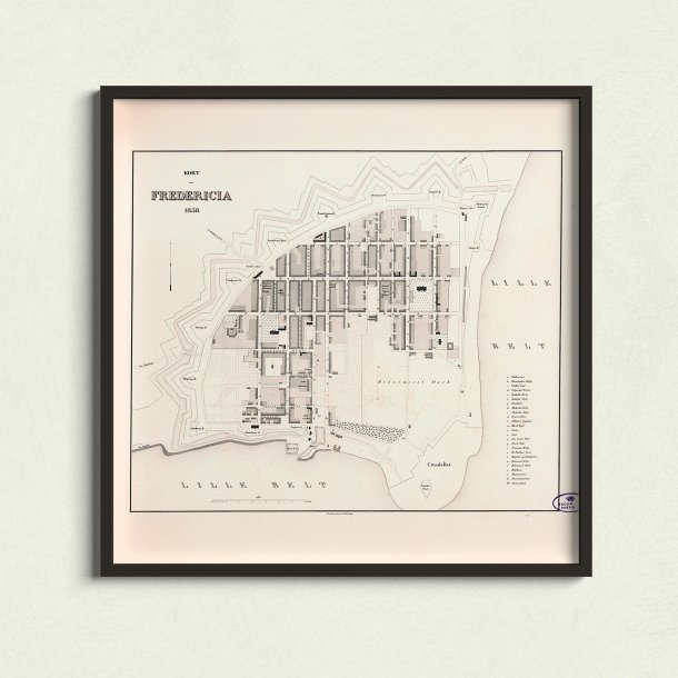 Kort over Fredericia 1858 - Bykort af J. P. Trap