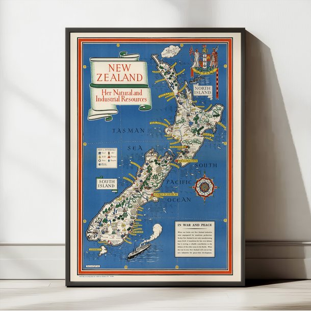 New Zealands 1943 - Kort over naturressourcer og industri 